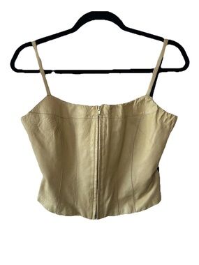 Vintage Y2K Bebe Leather Corset Crop Top Tan Zip Up Size 8 Bohemian Western